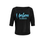 Ultra Light  Modal 3/4 sleeved Shirt MCS001 with neon-blue glitter print „I believe in chocolate”, black
