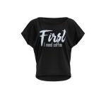 Ultra Light Modal Short-Sleeved Shirt MCT002 with white glitter print “First I need coffee”, black